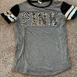 PINK Victoria's Secret Gray Tee with Black and Silver Accents